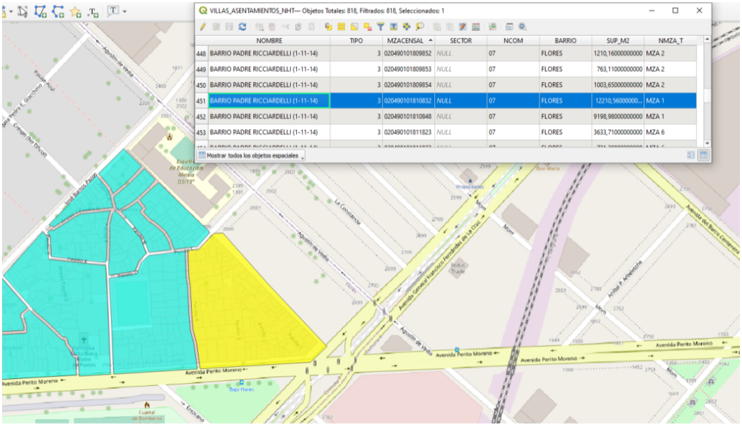 Entidades geográficas y tabla de atributos del shapefile “villas_asentamientos_NHT.shp”