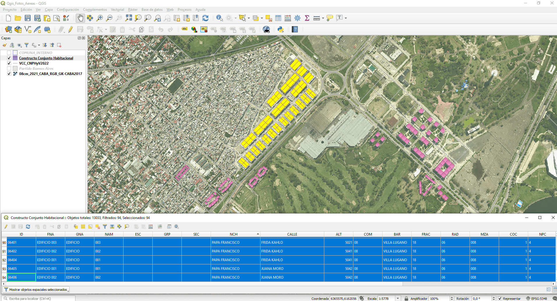 Constructos digitalizados y sus atributos asociados en base de datos geoespacial. Conjunto habitacional Papa Francisco. Agosto 2023