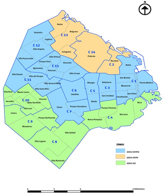 Ciudad de Buenos Aires con Comunas, Barrios y Zonas de la EAH. Año 2021
