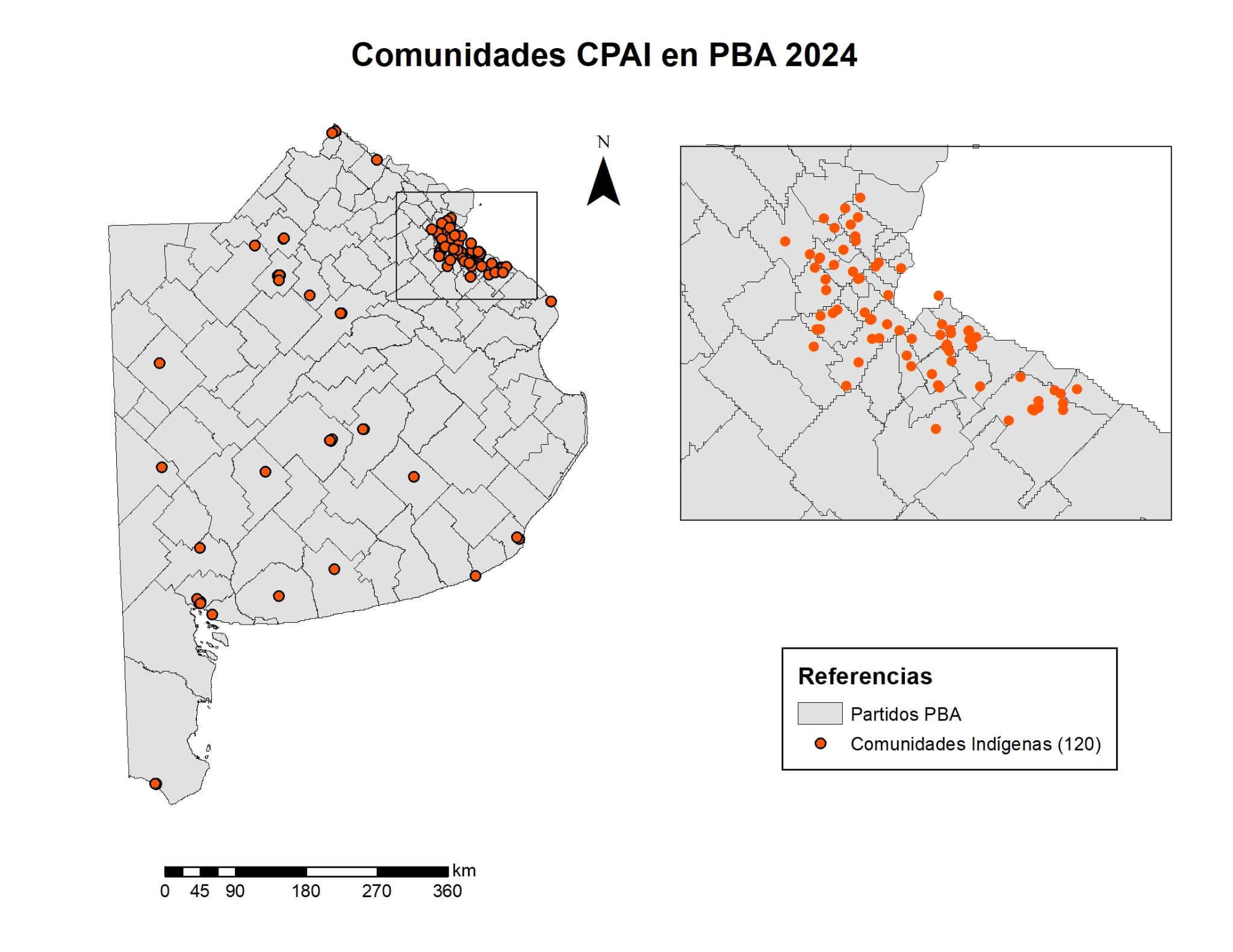 Mapa 1. Comunidades indígenas registradas por el CPAI en la Provincia de Buenos Aires