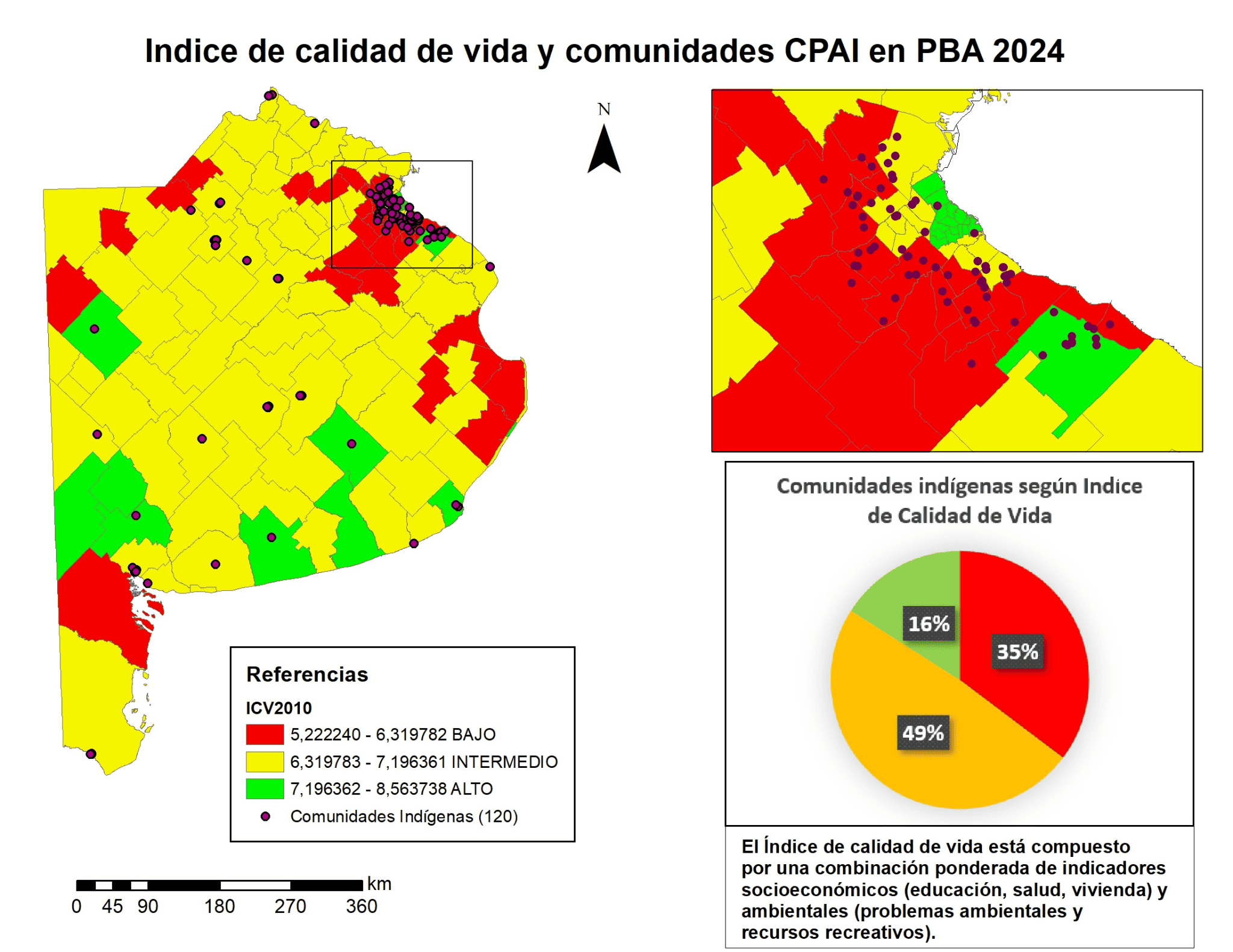 Mapa 4. Comunidades indígenas e índices de calidad de vida en localidades de la Provincia de Buenos Aires
