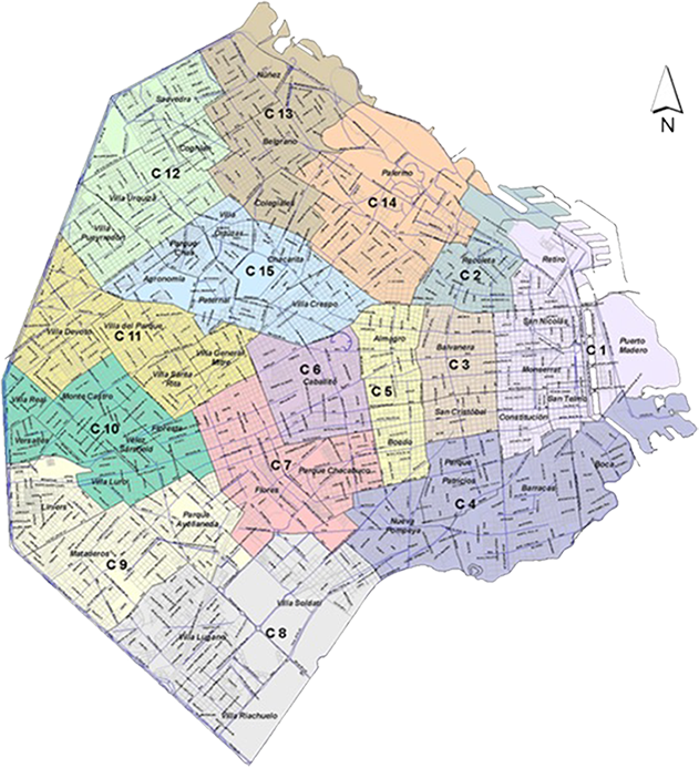 Mapa de comunas y barrios de la Ciudad de Buenos Aires